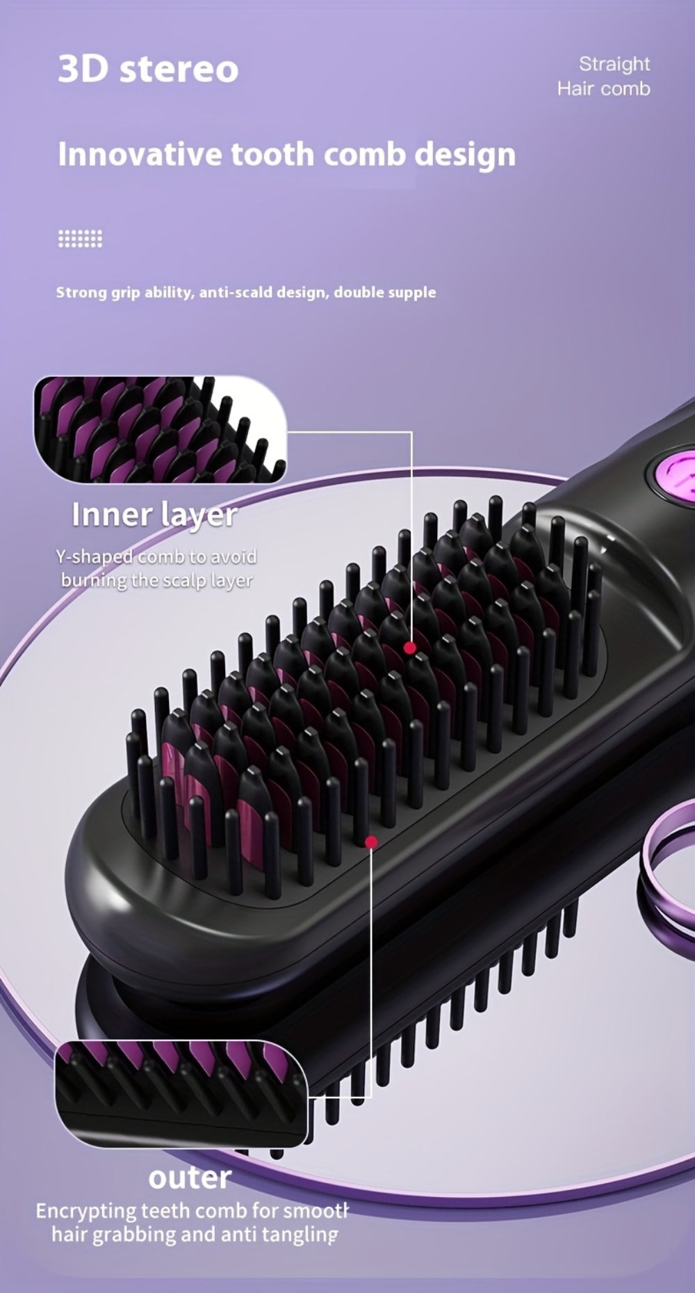 Wireless Hair Straightener Comb - Portable Cordless Straightening Brush with 3-Min Fast Heat, 3 Temp Settings 170-190¡ãC, Negative Ion Technology, 3D Comb Design, Lightweight Travel Hair Straightener