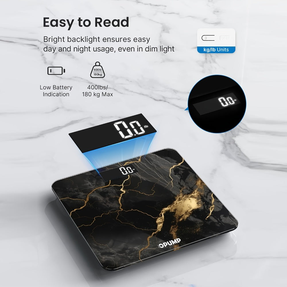 OPUMP Bathroom Scale 400lb ¨C Highly Accurate Digital Body Weight Scale with Backlit LED Display, Batteries Included, Measures up to 400lb/180kg, Multiple Colors ¨C Black Marble, Bronze, Sapphire & More