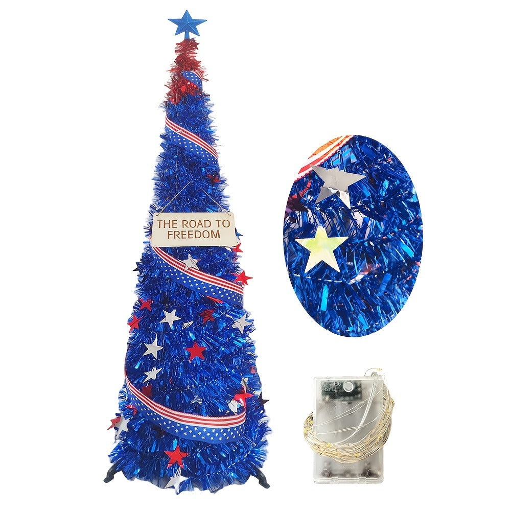 4th of July Decorative Tree 5ft LED Light, Foldable Patriotic Stars & Stripes Blue Christmas Tree with Red White Blue LED String Lights, Independence Day Party Decoration & Summer Gift