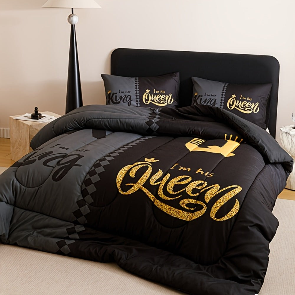 Comforter Set 3-Piece ¨C Soft Breathable Quilt with 2 Pillowcases, Black Grey Color Block Crown Letter Print, Twin Full Queen King, 180GSM Bedroom Bedding Set