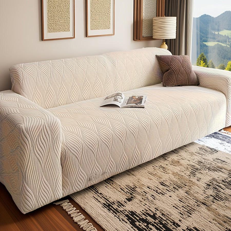 Polar Fleece Sofa Cover Modern Jacquard Elastic Slip-Resistant All Season Furniture Protector for Living Room Office Bedroom - 1 2 3 4 Seater with Free Matching Pillowcase