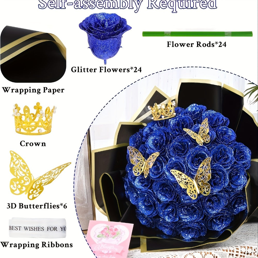 Artificial Rose Bouquet 24 Glitter Roses with 6 Golden Butterflies, Everlasting Shiny Fake Flower Bouquet for Wedding, Anniversary, Engagement & Home Decor | Purple, Red, Pink, Blue