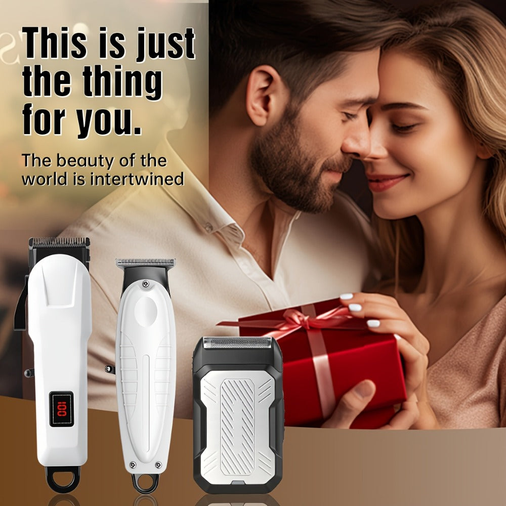 Men's Hair Clipper Set Cordless Beard Trimmer Electric Shaver Grooming Kit with LCD Display USB-C Rechargeable for Home Barber Haircut Mustache Travel Father's Day Gift