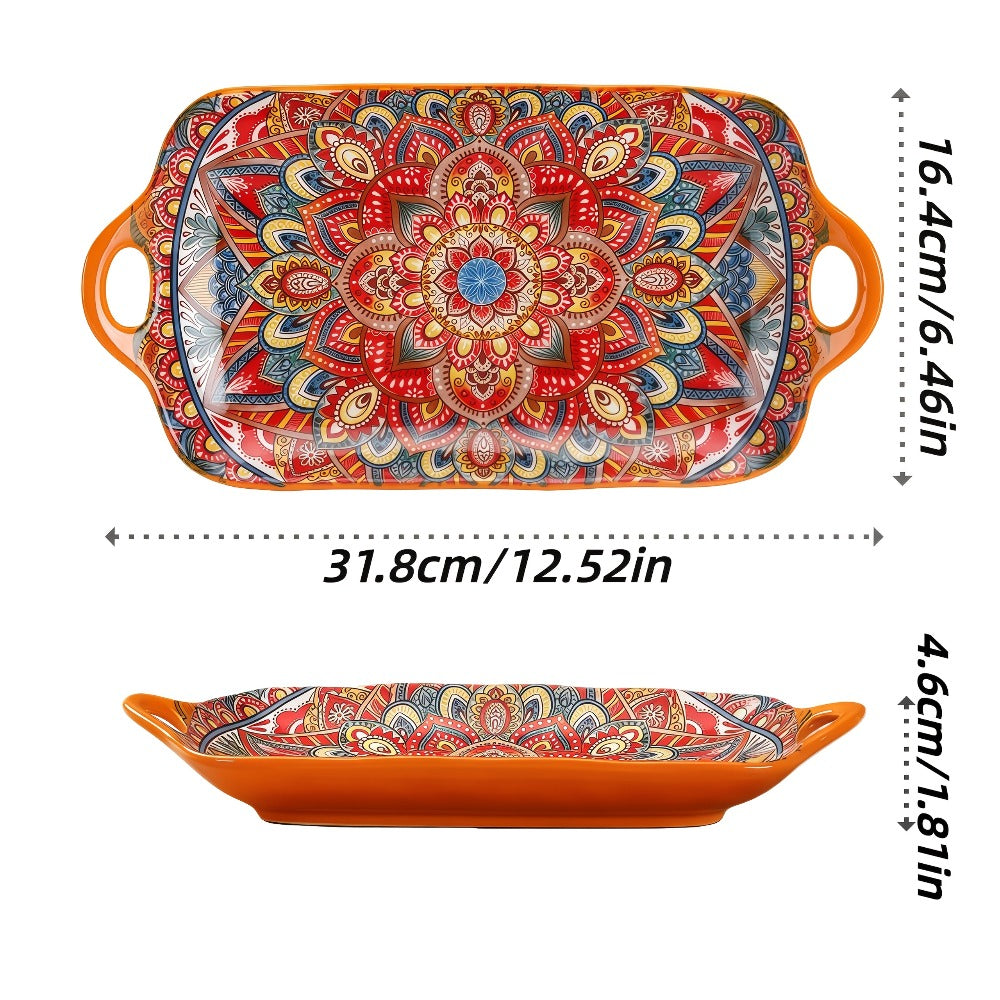 Ceramic Serving Platter Set of 4, Bohemian Rectangular Fish Dish with Double Handles, Baking Tray for Sushi Pasta Desserts Salads Fruits, Ideal for Family Gatherings Picnics Restaurants