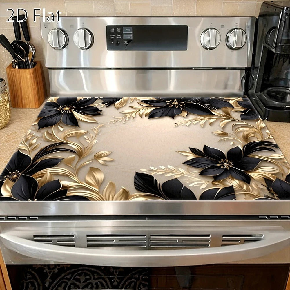 Gas Stove Protector Mat Luxury Black Gold Floral | Heat-Resistant Stain-Proof Cooktop Cover | Reusable for Induction Cooker, Glass Cooktop, Oven & Washer Dryer Top
