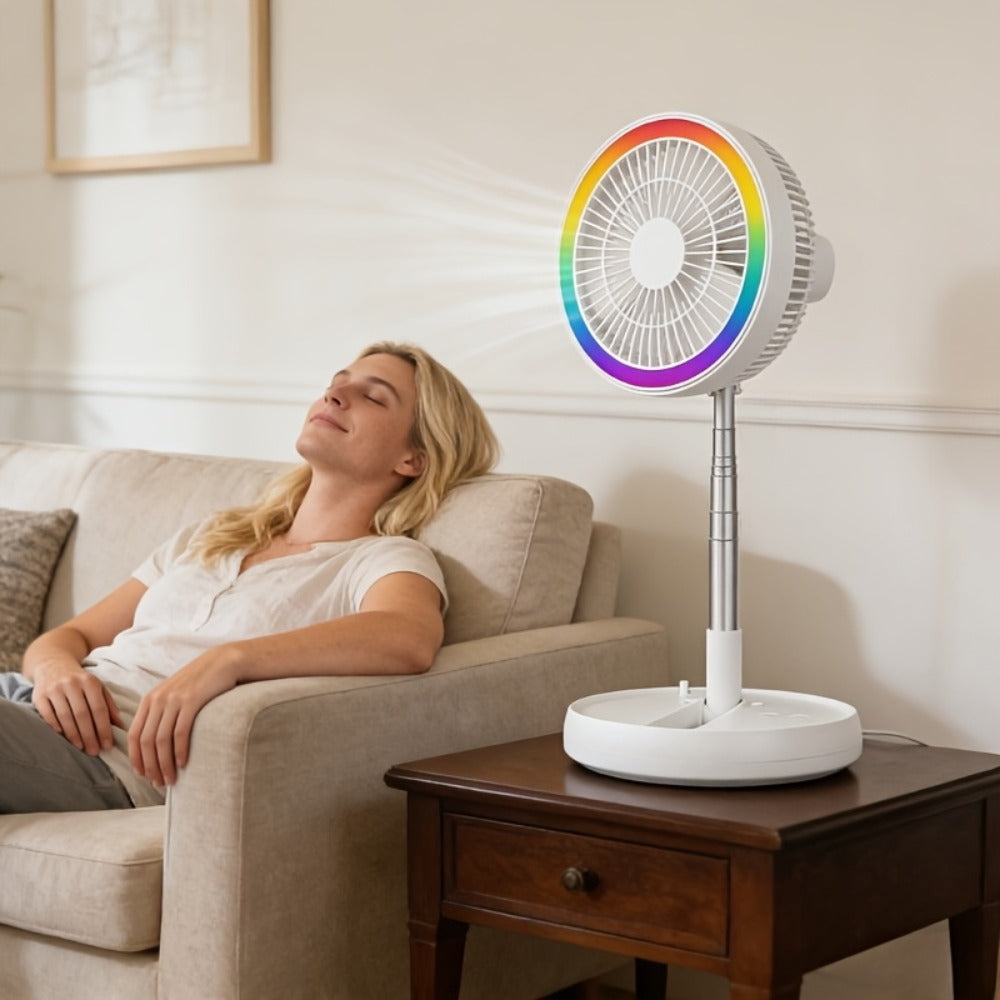 Portable Fan Foldable USB Rechargeable 3600mAh | 4-Speed Remote Control Tower Fan with 7-Color Ambient LED Light Low Noise | Expandable Cordless Fan for Office Bedroom Travel Camping Dorm | Pink White