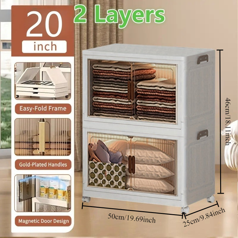 Folding Storage Cabinet 1-6 Tier Collapsible Stackable Organizer with Wheels and Lids - Extra Large Foldable Storage Locker for Closet Bedroom Office Kitchen 50CM Wide