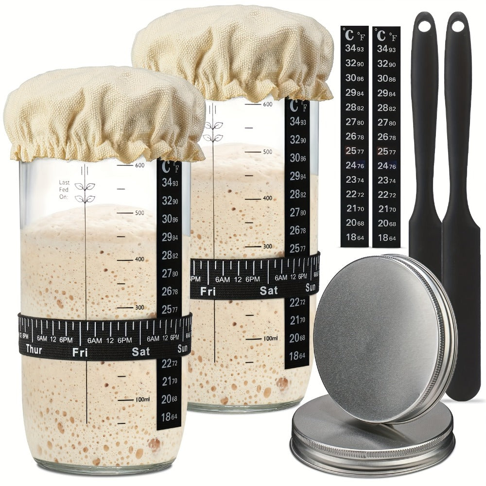Glass Fermentation Jar Kit 24oz with Thermometer Scraper Cloth Lid Aluminum Lid and Auxiliary Label for Bread Baking Sourdough Juice Fermentation Available in 1 and 2 Pack
