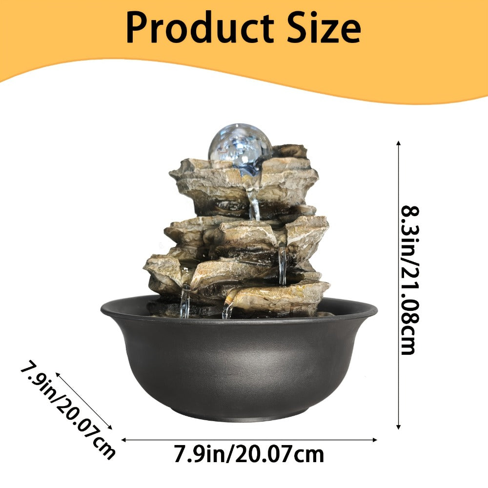 Indoor Tabletop Fountain with LED Lights ¨C Crystal Ball Rolling Waterfall Desktop Zen Fountain Humidifier for Living Room Office Bedroom
