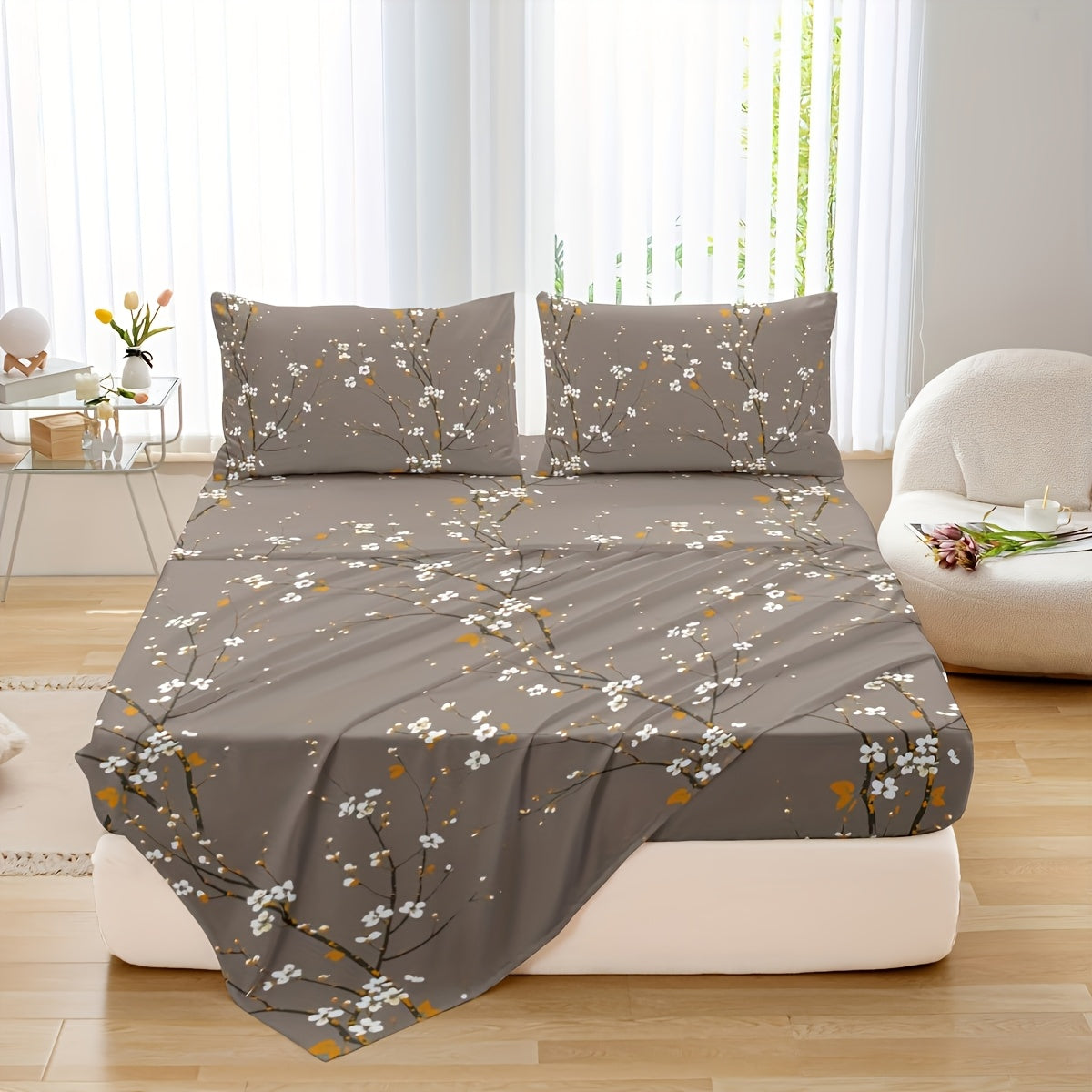Fitted Sheet Set 4-Piece Plum Blossom Floral Print | Deep Pocket 15¡± Bed Sheets Twin Full Queen King | Soft Polyester Bedding Set with 2 Pillowcases, All-Season Machine Washable