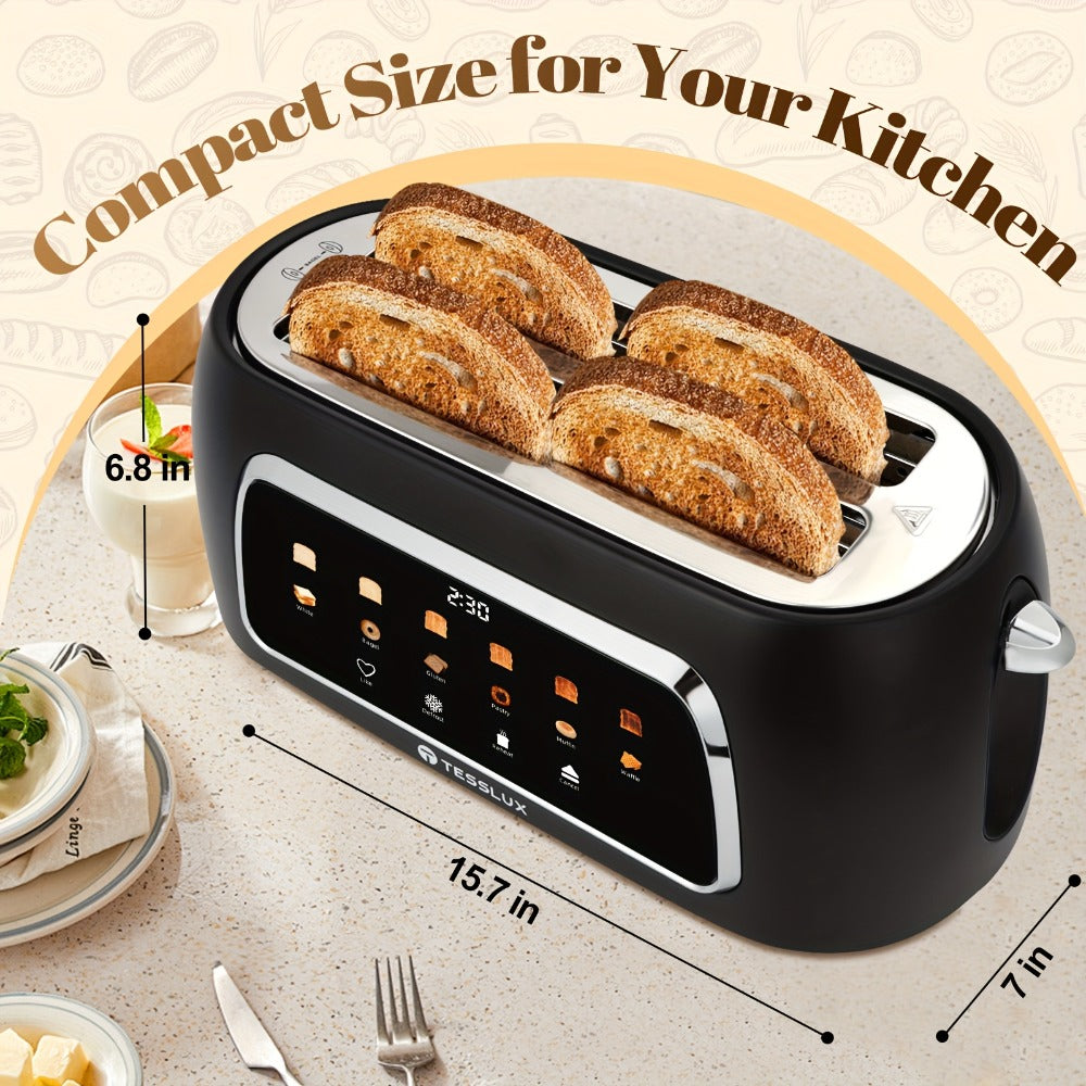 4 Slice Toaster with Touch Screen Control, 1.5¡± Wide Long Slots, 6 Browning Levels & 6 Bread Types ¨C Digital Timer, Memory Function, Defrost & Reheat for Family Breakfast, White & Black