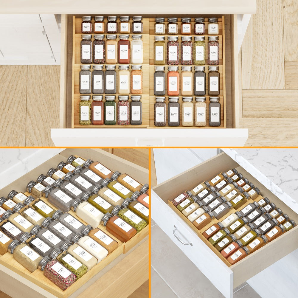 Bamboo Spice Drawer Organizer Expandable 4-Tier | Adjustable Width 12¡±-23¡± Fits 3¡± Deep Drawers | Space-Saving Kitchen Cabinet Seasoning Storage Tray for Spice Jars Bottles