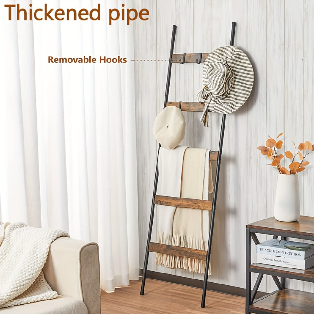 Blanket Ladder 5 Tier Farmhouse Wood with 10 Removable Hooks Wall Leaning Towel Rack Quilt Holder for Living Room Bathroom Bedroom Decor