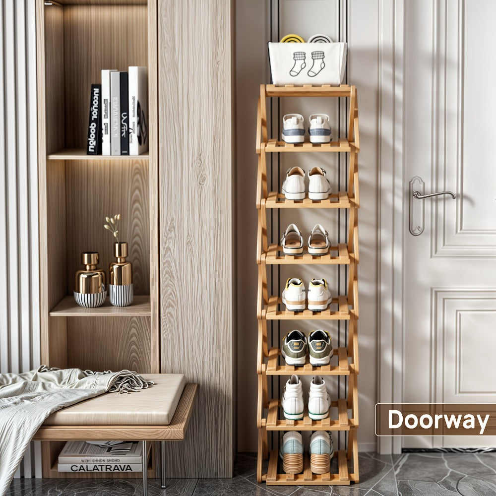 Bamboo Shoe Rack Foldable Multi-Tier ¨C Space-Saving Shoe Storage Shelf, Easy Assembly Standalone Organizer for Entryway, Hallway, Bedroom, Bathroom & Office ¨C 6 or 8 Tier Options
