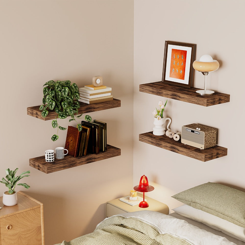 Floating Shelves for Wall 4/8pcs 15.8 Inch, Rustic Wood Wall Shelves with Invisible Brackets, Wall Mounted Display Shelf for Home Decor, Living Room, Bedroom, Bathroom ¨C Walnut, Brown, Black, White, Gray
