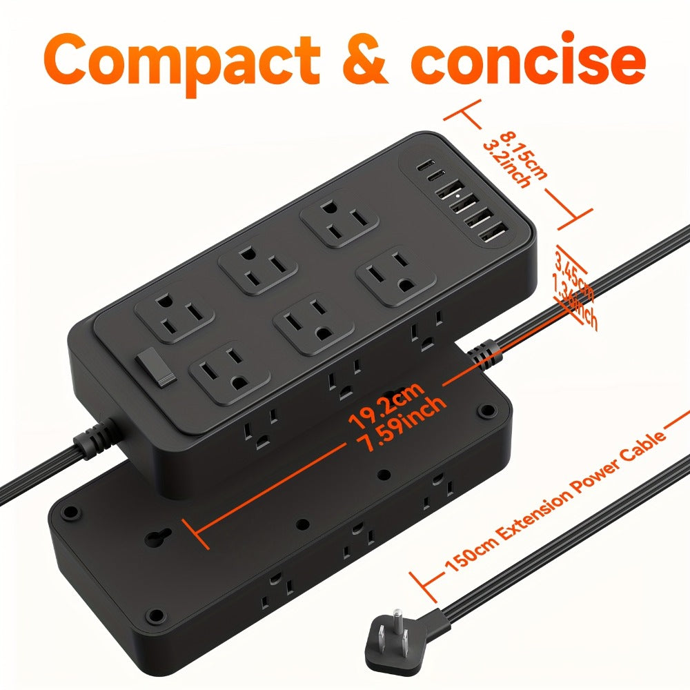 USB Extension Cord Power Strip 18-in-1 with 12 AC Outlets 6 USB Ports Surge Protector Overload Protection Switch 5FT 10FT for Home Kitchen Office Travel Accessories Black White