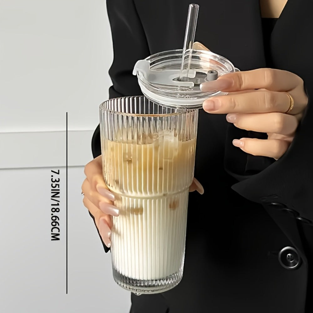 Vintage Striped Drinking Glasses with Glass Straws ¨C 19oz High Borosilicate Iced Coffee Cups Set for Juice, Smoothies & Parties, Thick & Durable Glassware Gift Set (2 or 4 Pack)