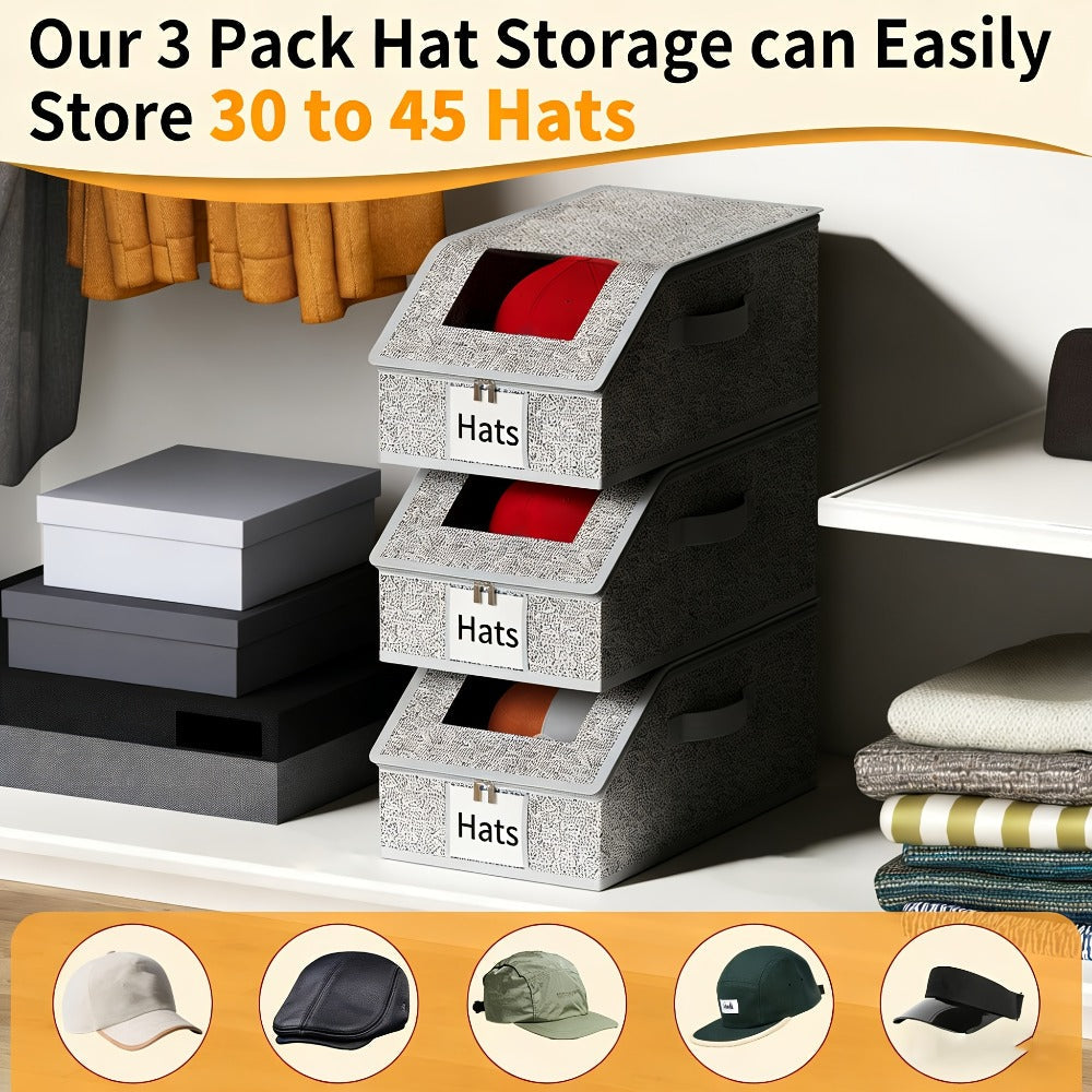 Baseball Cap Storage Box 2 Pack ¨C Foldable Stackable Zippered Hat Organizer, Large Capacity Dustproof Closet Storage for Caps, Hats & Clothes, Durable Fabric