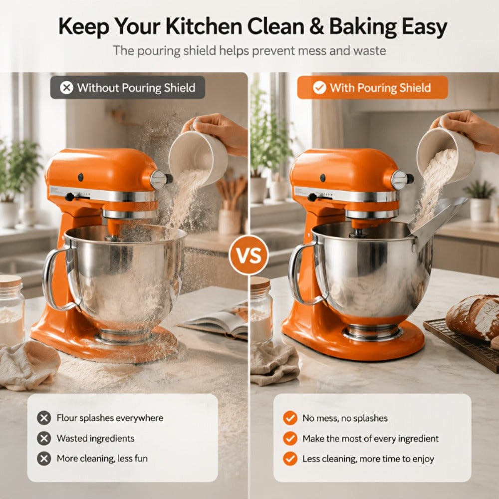 KitchenAid Pouring Chute Stainless Steel Stand Mixer Attachment - Universal Funnel Shield for Tilt-Head & Bowl-Lift 4.5-8 Qt, Anti-Splash Flour Dust Guard, Dishwasher Safe, Gift Box Included