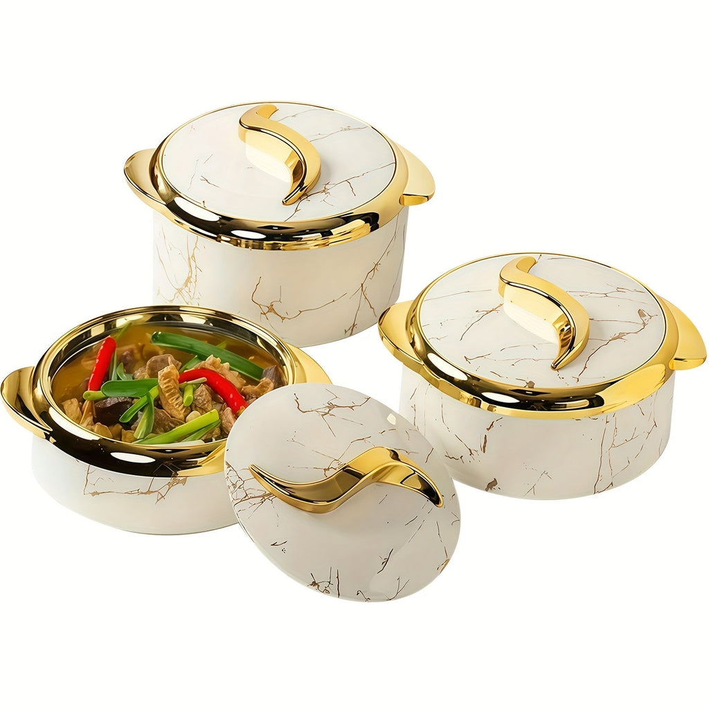 Insulated Casserole Dish Set 3-Piece Thermal Food Warmer with Lids, Stainless Steel Serving Bowls for Hot & Cold Food, Buffet Hotpot Tableware Set for Entertaining Dining Table