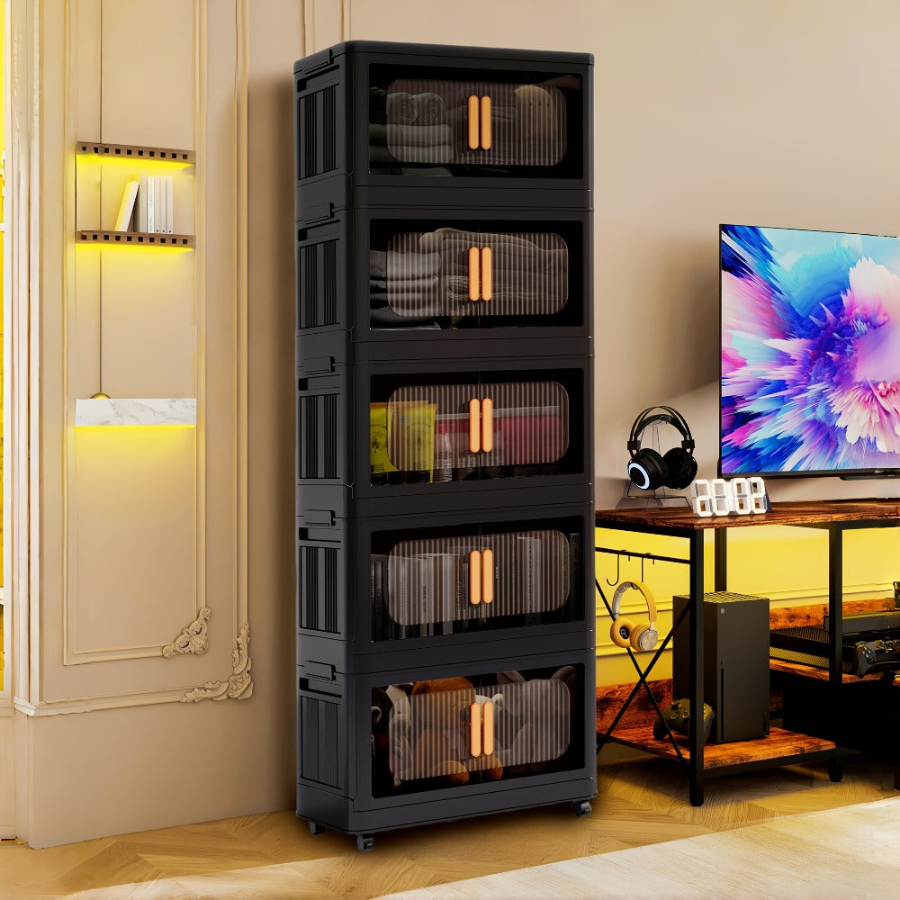 Rolling Storage Cart 4 5 Tier Double Door Collapsible Stackable Plastic Organizer with 360 Lockable Wheels Space Saving Bin for Dorm Office Closet Bedroom Garage Gym