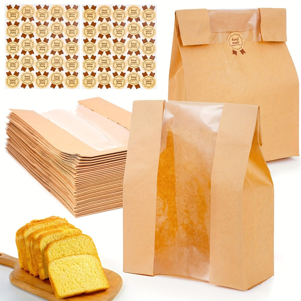 Bread Bags 100pcs Paper with Window 50% Thicker 13.7x8.2x3.7in Sourdough Homemade Bread Bakery Bags for Storage Bread Cookies Snacks with 100 Cute Sealing Stickers