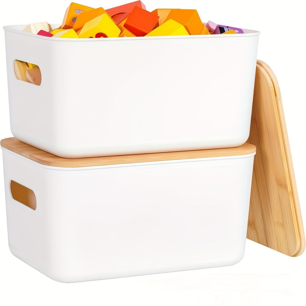Plastic Storage Bins with Wood Lids Stackable Organizer with Handle and Labels for Home Office Kitchen Bedroom Closet Playroom 1 2 4 8 Pack