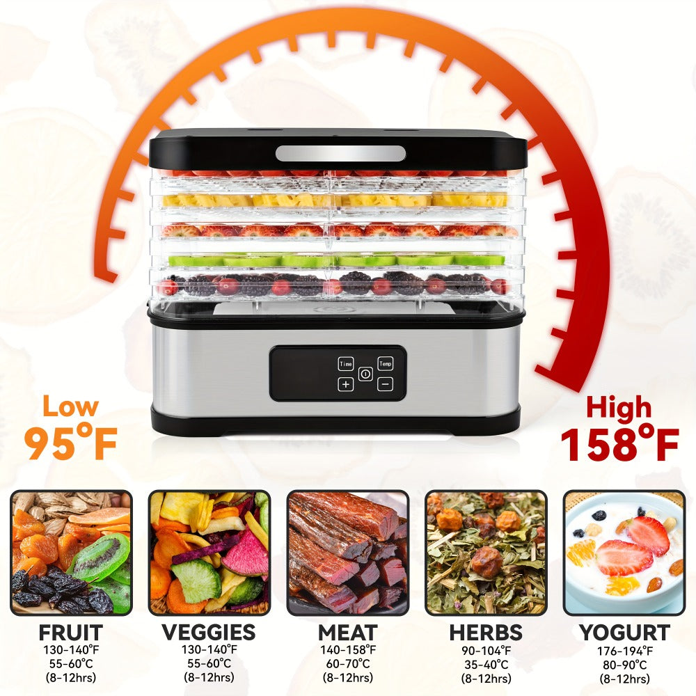 Food Dehydrator Machine 5-Tray with Digital Thermostat & Timer | Stainless Steel | Jerky Fruits Herbs Veggies Yogurt Pet Treats | Ultra-Quiet Energy-Saving | Home Kitchen RV Camping Dehydrator