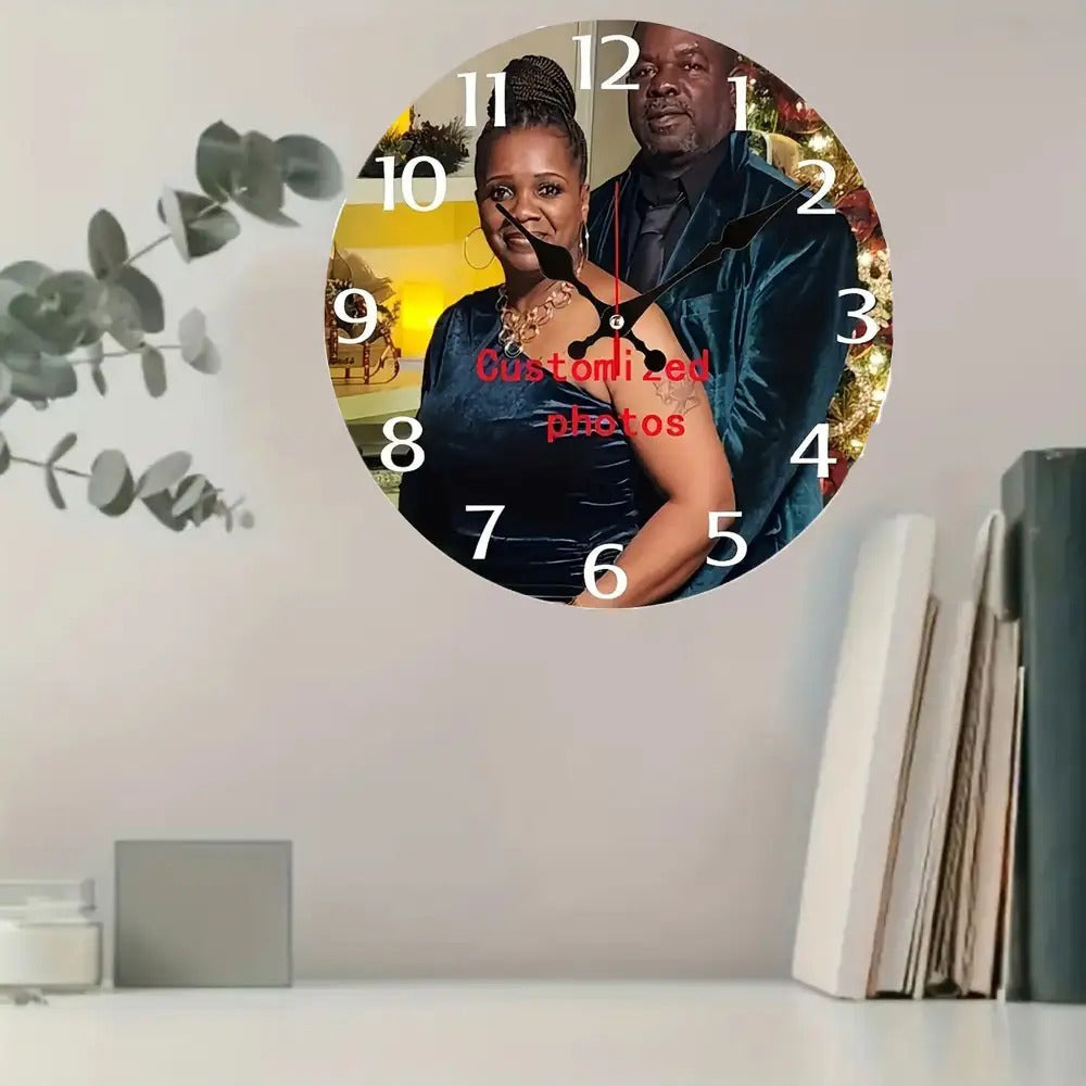 Personalized Custom Photo Wall Clock - Round Wood Silent Clock with Custom Text & Family Name, Self-Assembly, Battery Operated, Unique Mother's Day Gift for Parents, Home Room Decor, 10in 12in