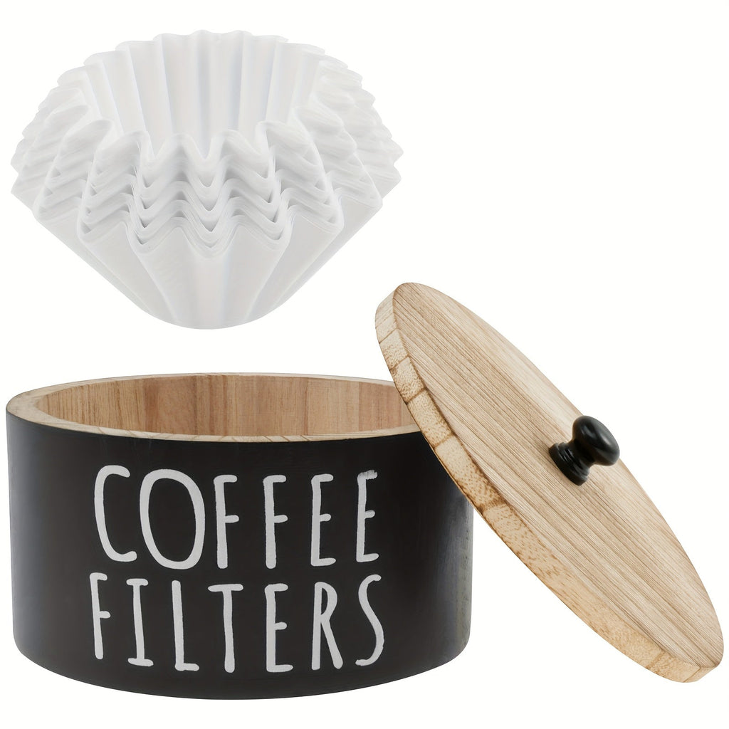Wooden Coffee Filter Holder with Lid ¨C Large Capacity Rustic Round Organizer Dispenser for Coffee Filters & Tea Bags, Bamboo Lid, Kitchen Countertop Coffee Bar Decor