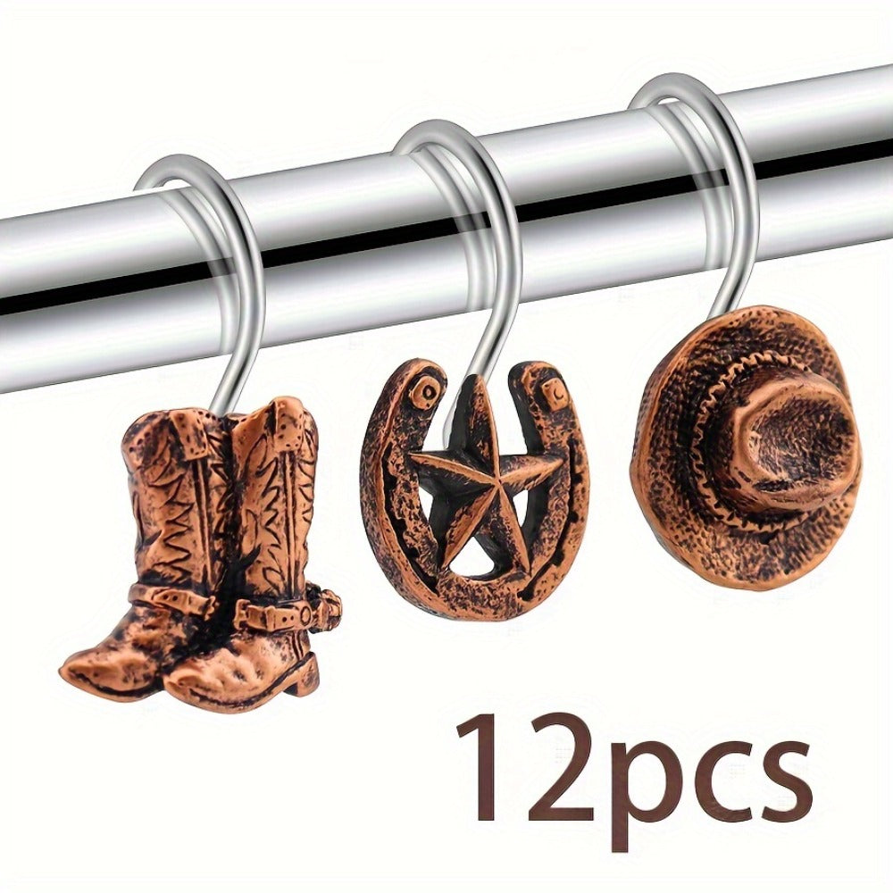Shower Curtain Hooks Western Cowboy Farmhouse Style - 12 Pack Vintage Metal Resin Bathroom Accessories with Horse Boots Hats Star Patterns
