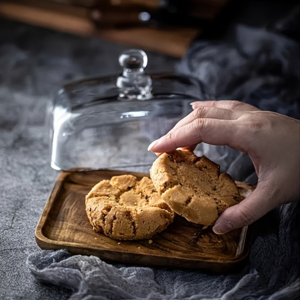 Wooden Butter Dish with Glass Lid | Retro Multifunctional Serving Tray for Cakes Fruits Snacks Desserts Weddings Parties Kitchen Countertop Display