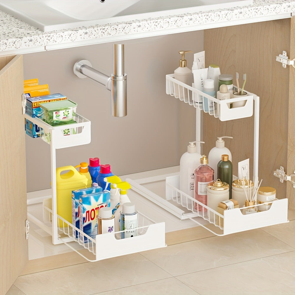 Under Sink Organizer 2-Tier Sliding Pull-Out Metal Rack Cabinet Storage for Kitchen Bathroom Refrigerator Adjustable Shelf Organizer in Black White Gray