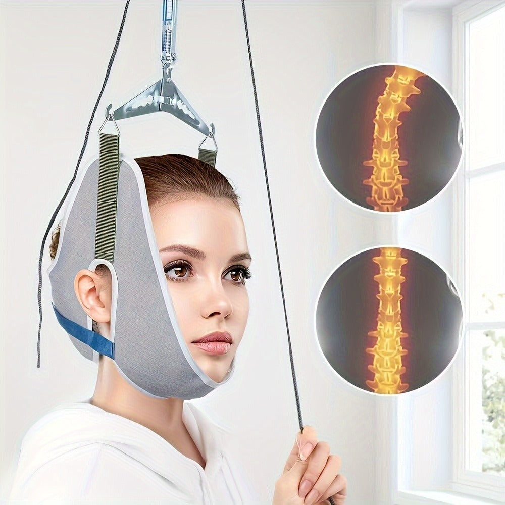 Cervical Traction Device with Handle, Adjustable Neck Traction Belt & Shoulder Massager, Spinal Decompression Pillow for Muscle Tension Relief, Durable Iron & Nylon Home Neck Stretcher
