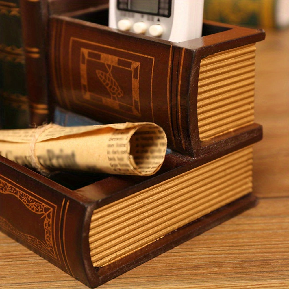 Wooden Pen Holder with Drawer Book-Shaped Desk Organizer, Vintage Retro Wood Desktop Storage Box with Hidden Drawer for Pens Pencils Remote Control, Decorative Office Home Study Room Gift