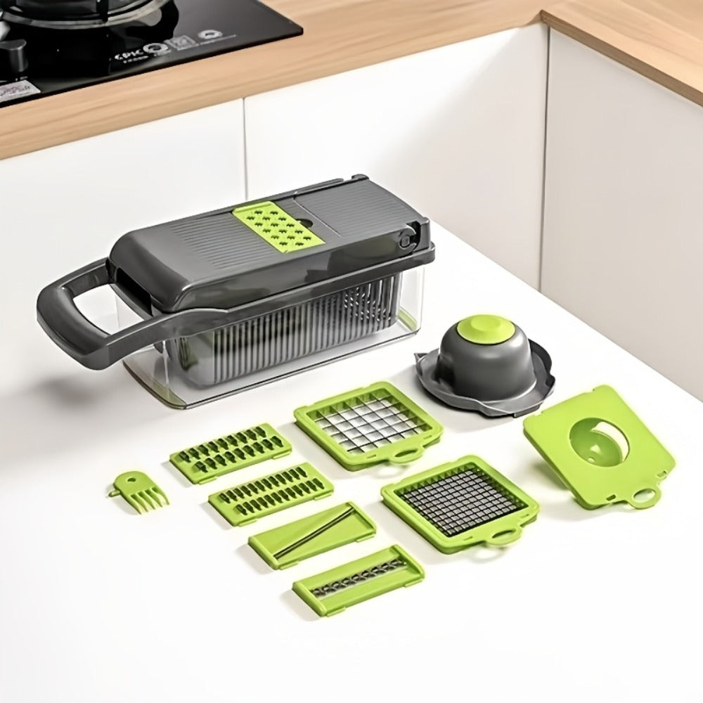 14-in-1 Vegetable Chopper & Food Dicer | Stainless Steel Blades, Large Capacity Collector, Egg Separator, Easy Clean ¨C Manual Kitchen Slicer Grater