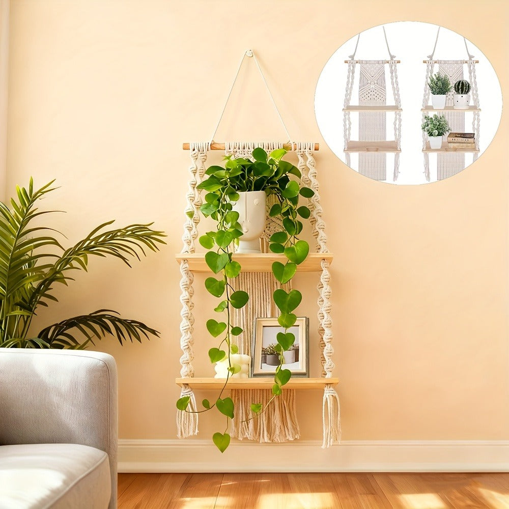 Macrame Wall Hanging with Tassel, Boho Woven Wall Decor for Living Room Bedroom Balcony, Two-Layer Lace Plant Hanger for Photo Frames & Small Plants ¨C Bohemian Home Decor Wall Art