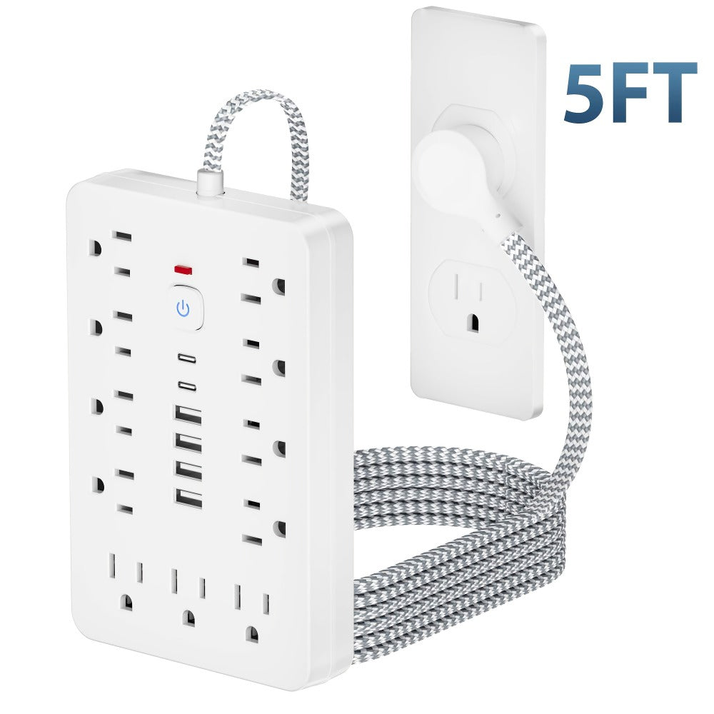 Extension Cord Power Strip with USB Ports 11 AC Outlets 4 USB-A 2 USB-C Surge Protector Overload Protection Short Cord 5FT 10FT for Home Office Study School Desk Charging Station White Black