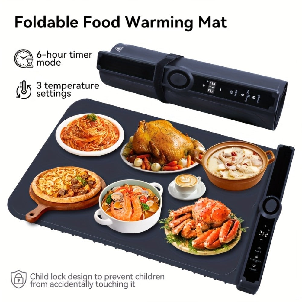 Electric Food Warming Pad Silicone 3 Temperature Levels 6-Hour Timer Foldable Full Surface Rapid Heating Tray for Buffet Party Kitchen Countertop Grayish Blue