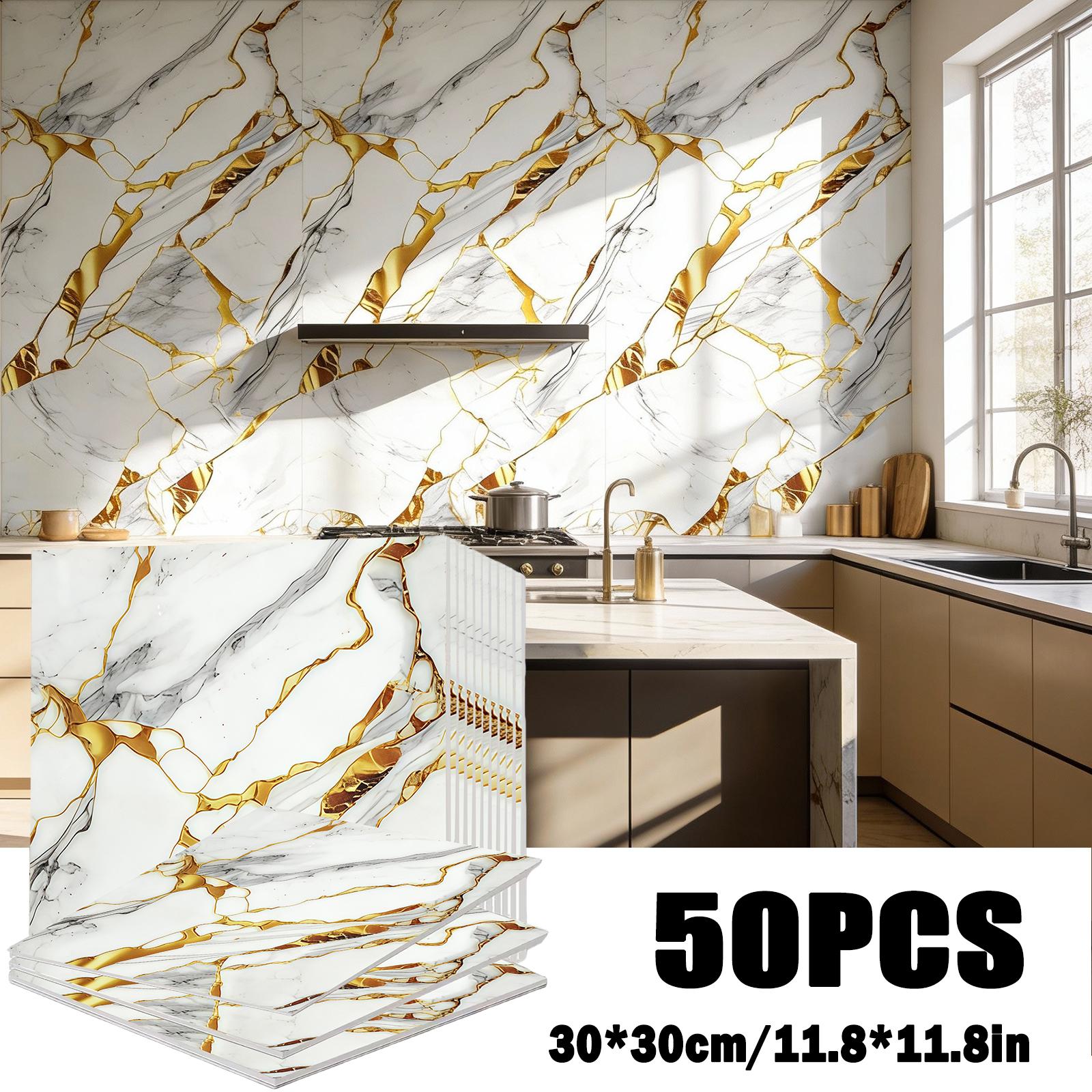 Self-Adhesive Marble Tile Stickers 11.8x11.8in Peel and Stick Wall Tiles for Bathroom Kitchen Backsplash ¨C Waterproof 3D Glossy Imitation Marble Wall Panel, Easy to Install, 50 or 100 Pack