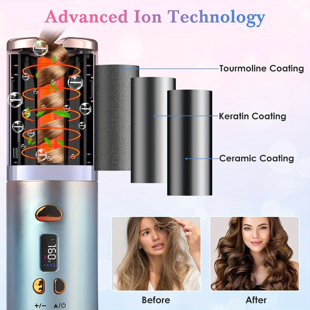 Cordless Curling Iron 1 Inch USB Rechargeable, Automatic Rotating Ceramic Curling Wand with 6 Heat Settings LCD Display, Scald-Free Detangle Hair Curler for All Hair Types Wet Dry Styling