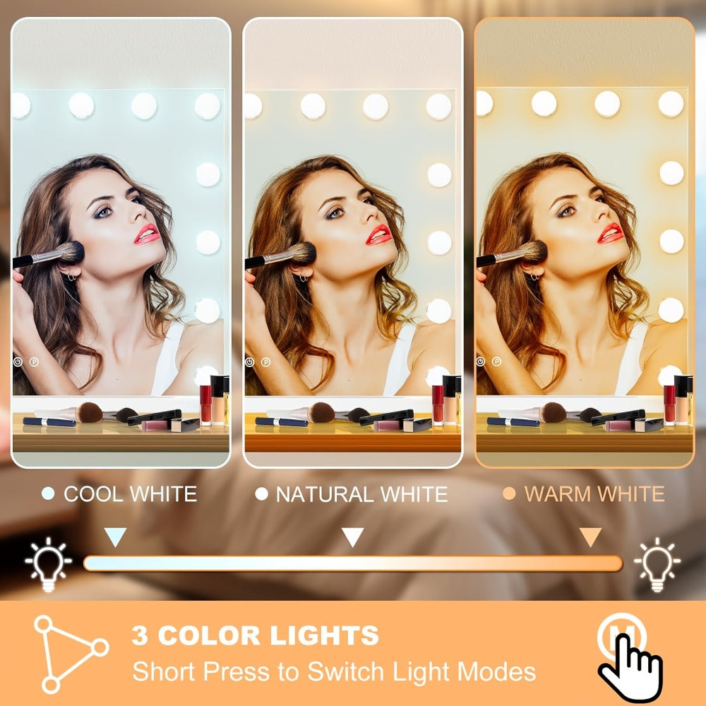 Hollywood Vanity Mirror with Lights ¨C 15 LED Bulbs, 3 Color Modes, Dimmable Brightness, 23x18 Inch, USB & Type-C Charging, Touch Control, Desk & Wall Mount, Metal Frame Makeup Mirror