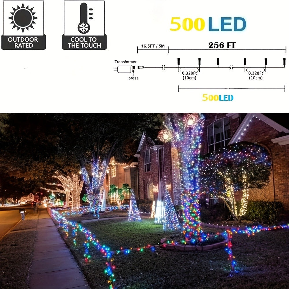 500 LED Christmas String Lights 170 Feet ¨C 8 Lighting Modes with Memory Plug, Transparent Wire Outdoor Lights for Christmas Tree, Party, Balcony & Holiday Decoration ¨C Warm White & Multicolor