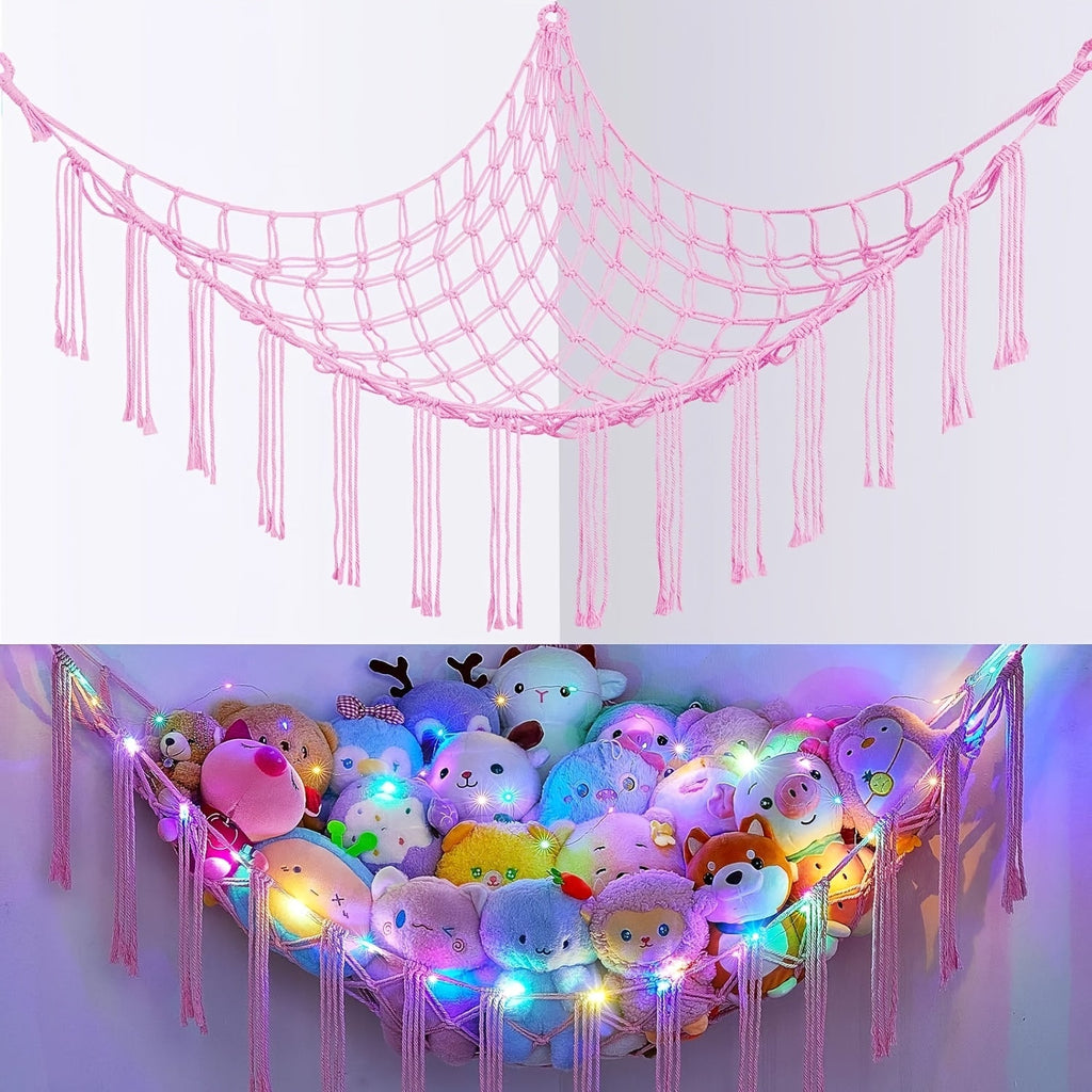 Stuffed Animal Storage Hammock with Lights Corner Hanging Toy Net Organizer for Nursery Bedroom Kids Room Decor Plush Toy Holder Christmas Halloween Easter Gift