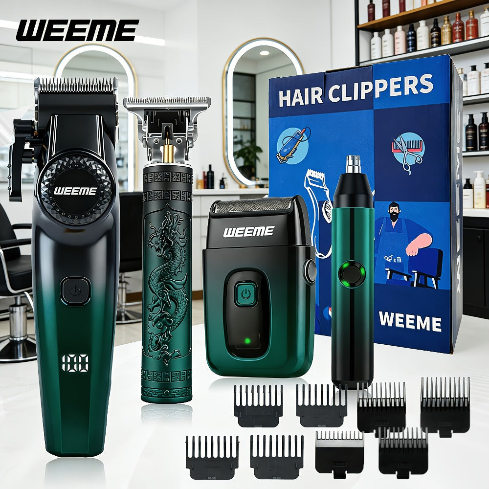 Hair Cutting Set 4pcs Professional - Electric Hair Clipper, Electric Shaver, T-Blade Trimmer & Nose Hair Trimmer, Gradient Green Gift Box, Precise Grooming Kit for Home Use & Gift