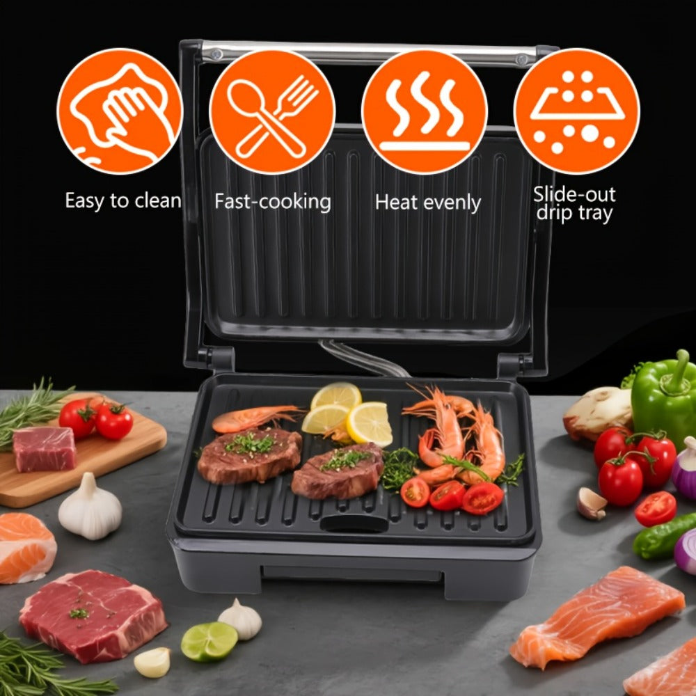 Electric Panini Press Grill Double-Sided Heating Sandwich Maker Waffle Iron Steak Grill Indoor Barbecue Machine for Panini Toasts Burgers Sausages Quick Meals Home Kitchen