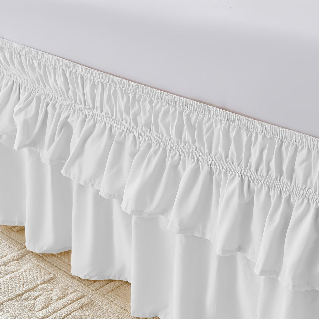 Double Ruffle Bed Skirt 16¡± Drop | Elastic Wrap Around Dust Ruffle for Twin Full Queen King Bed | Easy Install Machine Washable Soft Linen Poly Blend Bedskirt