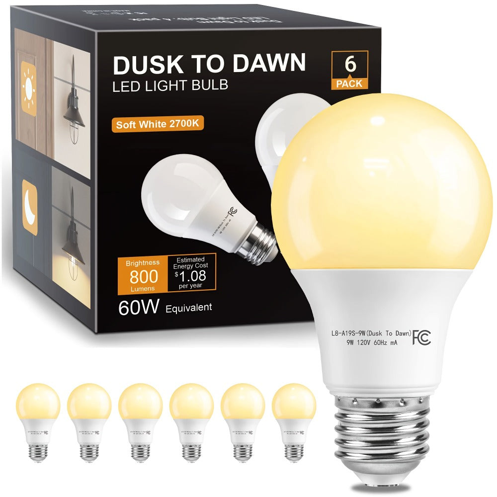 Dusk to Dawn Light Bulb A19 9W 800 Lumens 60W Equivalent with Auto On Off Photocell Sensor ¨C E26 Base Soft White 2700K & Daylight 5000K 80+ CRI Indoor Outdoor Porch Security Lighting, 6 Pack