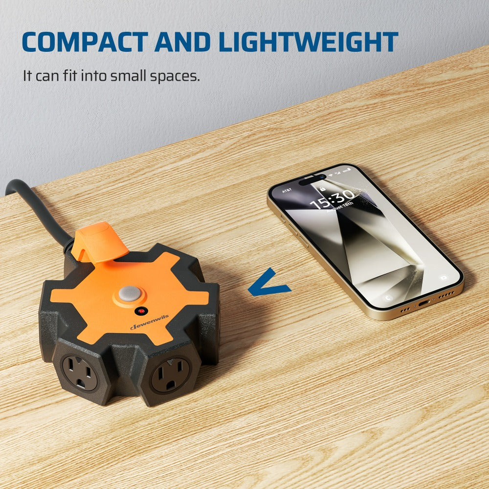 Industrial Power Strip 5-Outlet 15ft Heavy Duty Extension Cord 14/3 AWG SJTW Circuit Breaker Swivel Safety Covers for Garage Workshop Workbench