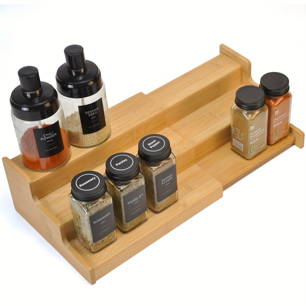 Bamboo Spice Rack Expandable 3-Tier Ladder Rack for Kitchen Cabinet Countertop Storage Organizer Pantry Shelf Display Stand for Spices Jars Bottles